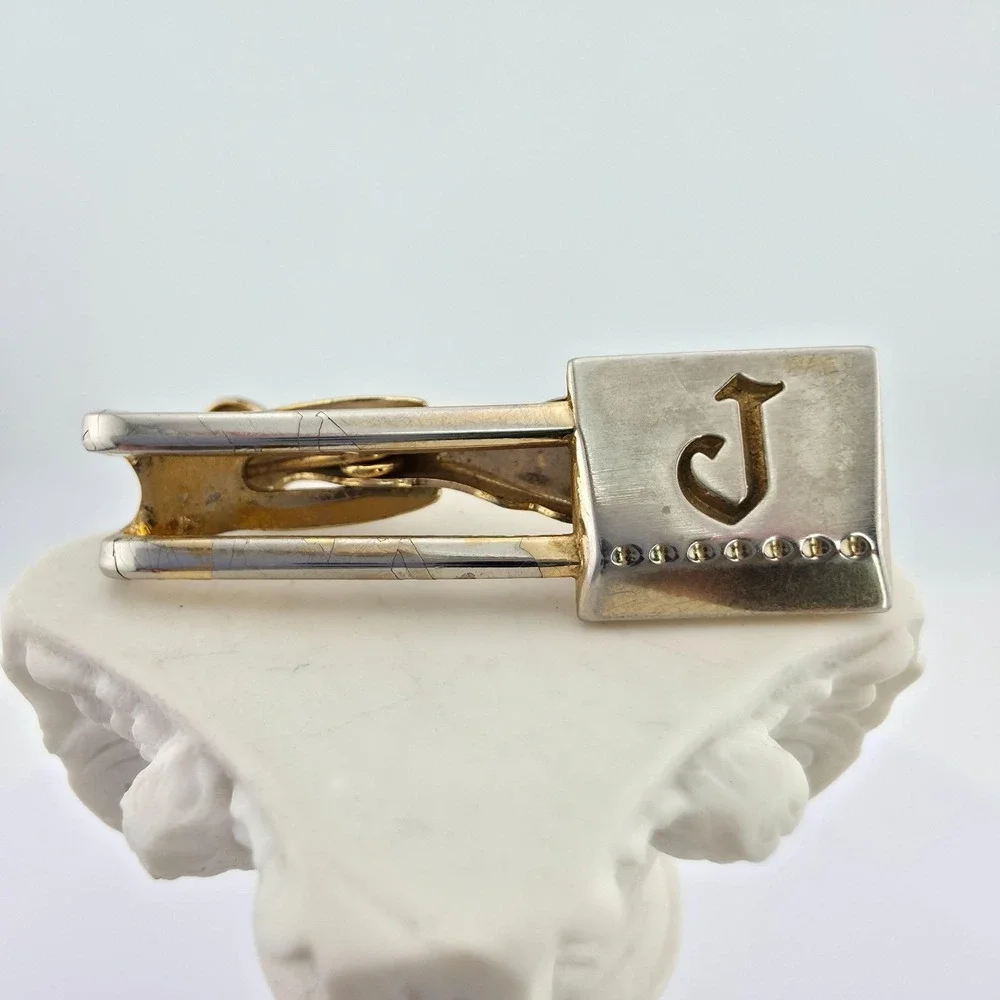 Vtg HICKOK USA Initial 'J' Tie Clip Tie Bar Tie Clasp Men's Silver & Gold Tone